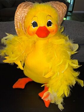Bright Yellow Plush Duck with Feather Boa and Straw Hat